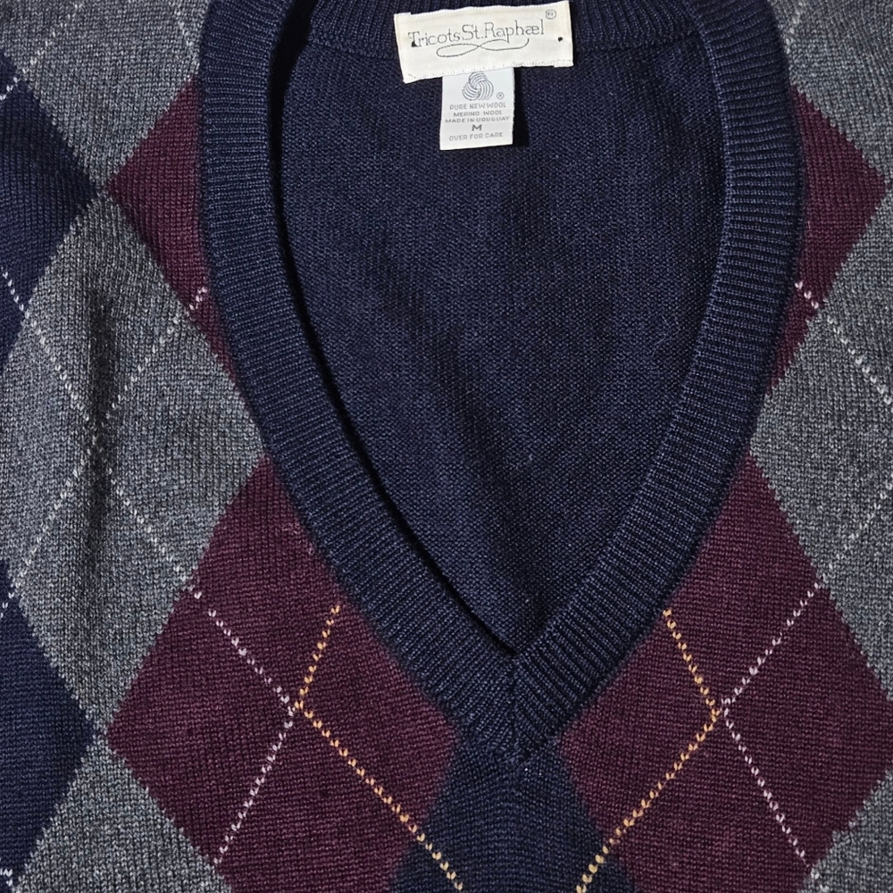VTG/90s Tricots St Raphael 100% Pure Merino Wool Pullover M Sweater Argyle *Flaw - Picture 4 of 11